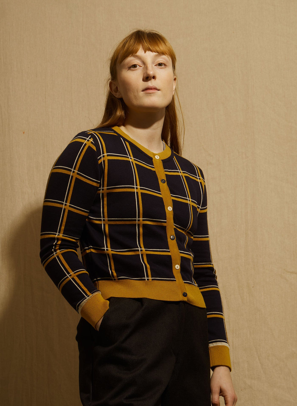 PALAVA - Cardigan Vera Navy-Mustard Check